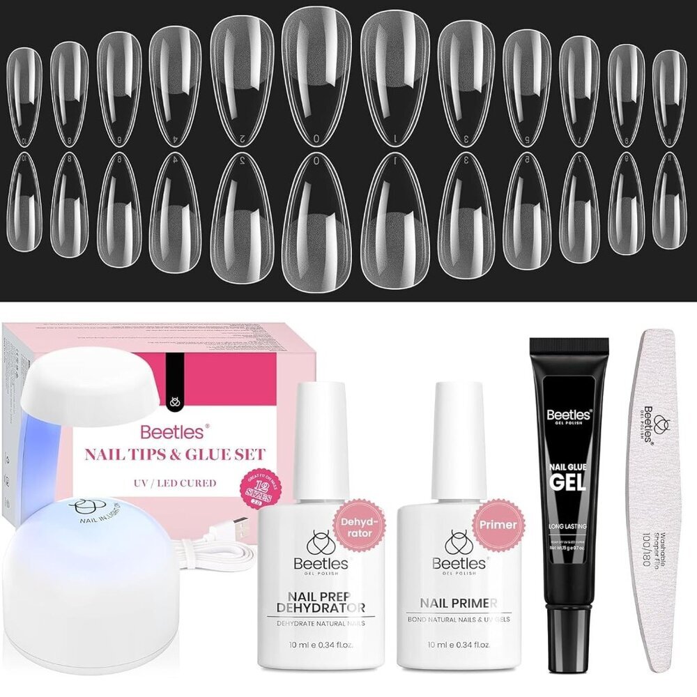Beetles Gel Nail Kit Medium Almond with Nail Dehydrator and Primer, 576Pcs Half